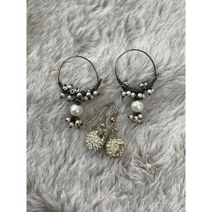 Black/White Beaded Hoop / White Rhinestone Round Dangle Earrings - 2 Pairs